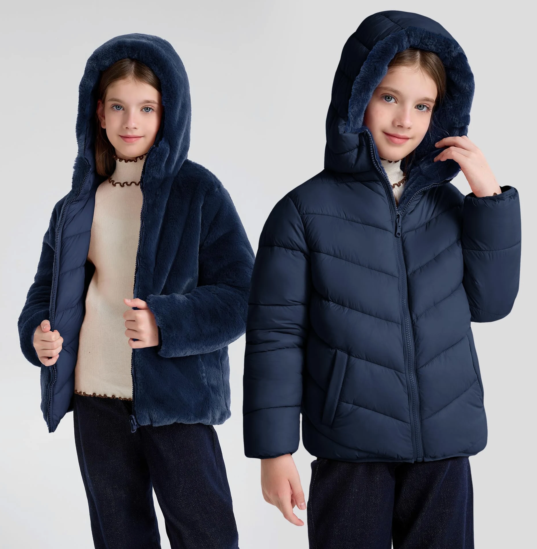maoo garden Chaqueta Hinchada Reversible de Invierno para Niñas Abrigo Resistente al Agua con Forro Polar Difuso de Plumón Falso Pesado para Niños
