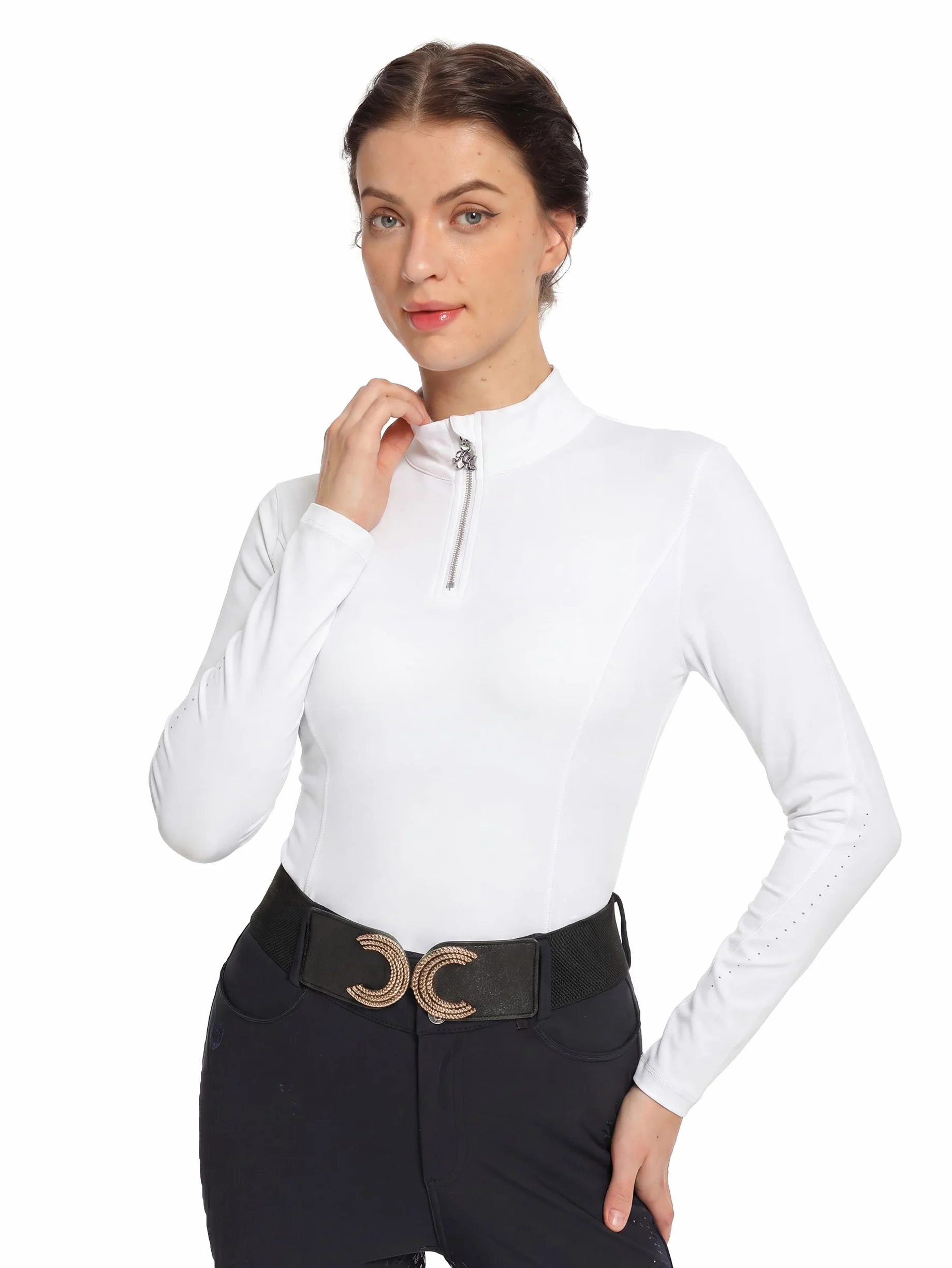 Harrison Howard Camisas de equitación para mujer, manga larga, cuello alto, con bordado