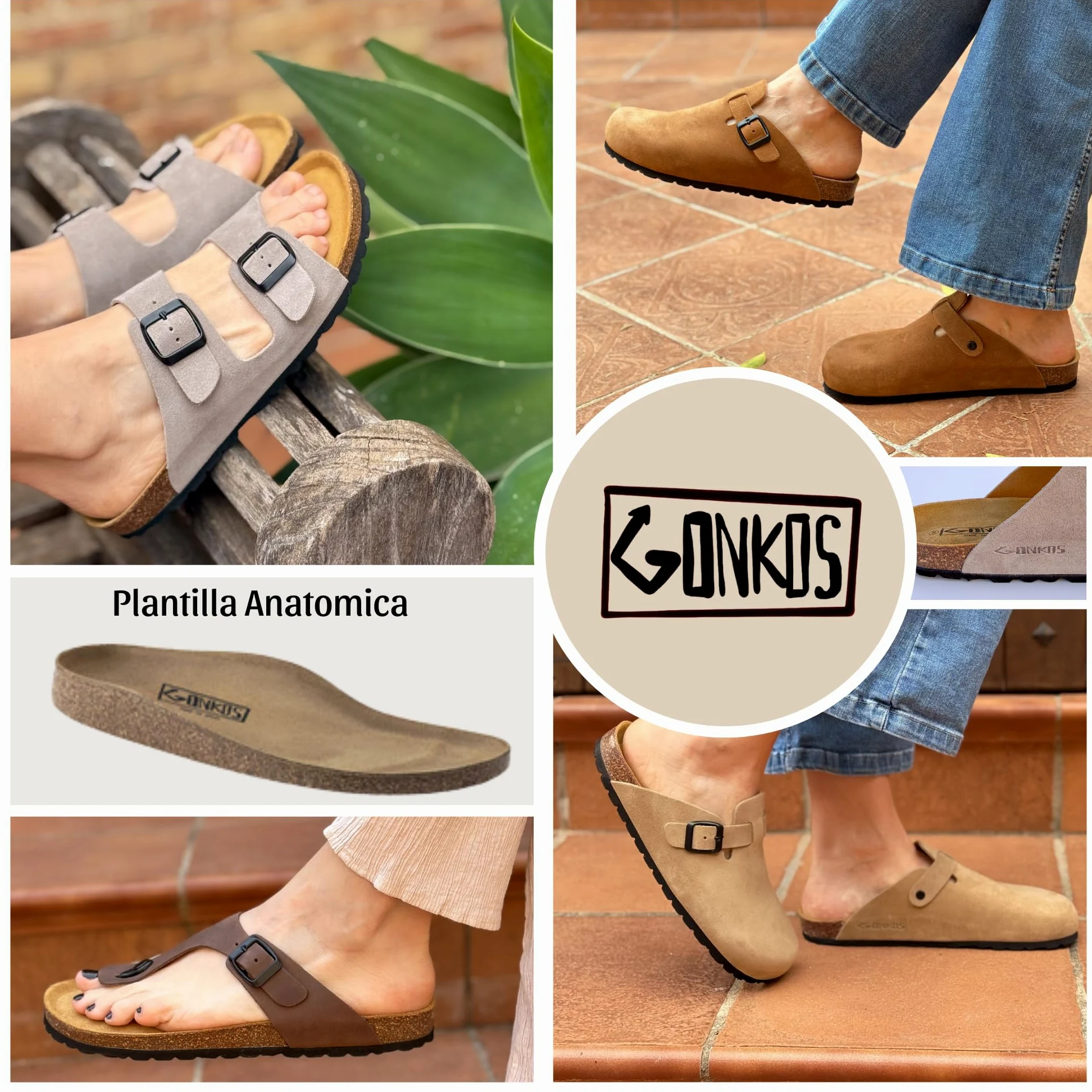 Sandalias de Piel con Hebillas, Piel Autentica, Corcho Natural, Hebillas ajustables al Pie, Sandalias Hombre/Mujer, Suela antideslizante EVA, Calzado de Calidad Hecho en España