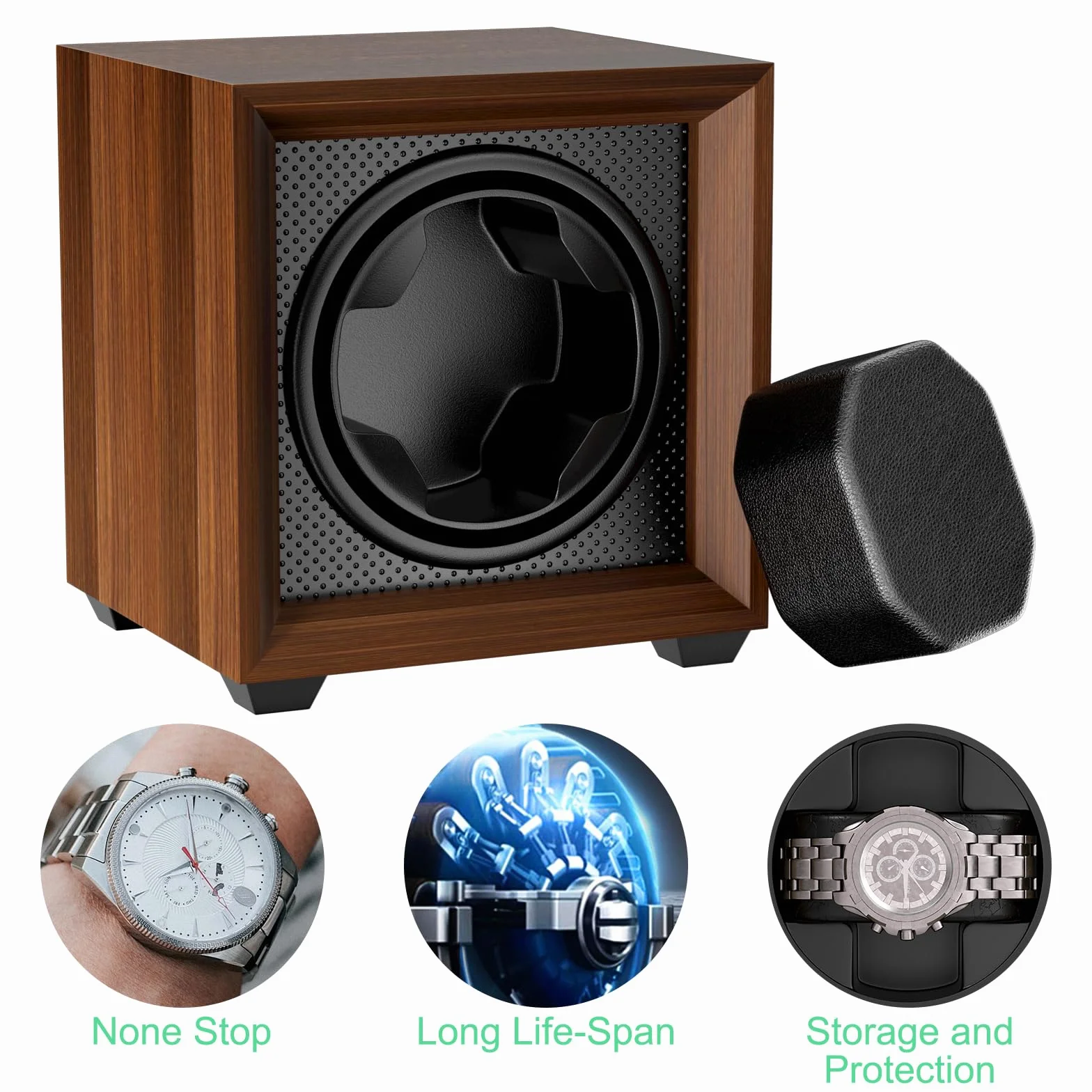 Newaner Caja para Dar Cuerda a Relojes mecánicos, automatico con Motor silencioso, 2 Ajuste Modos, Cuadrada y Color Nuez, con Puerto de Carga USB y Espuma viscoelástica