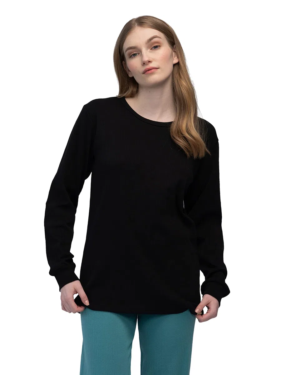 Langarm-Shirt aus Derby-Rib Camiseta de Pijama, Negro, 38 para Mujer