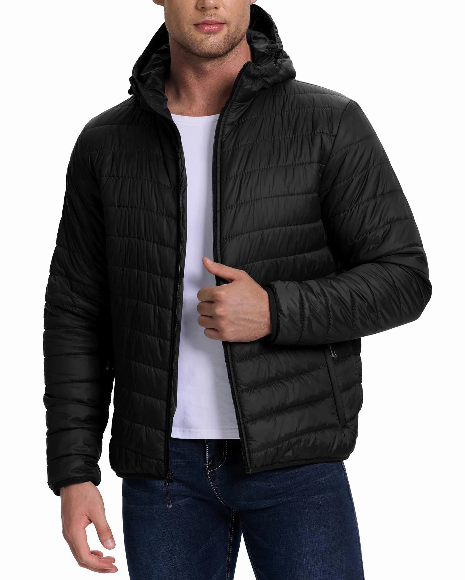 33,000ft Chaqueta acolchada ligera para hombre, chaqueta de entretiempo resistente al agua, cálida chaqueta de invierno para hombres, con capucha, abrigos de invierno, chaqueta amortiguadora plegable