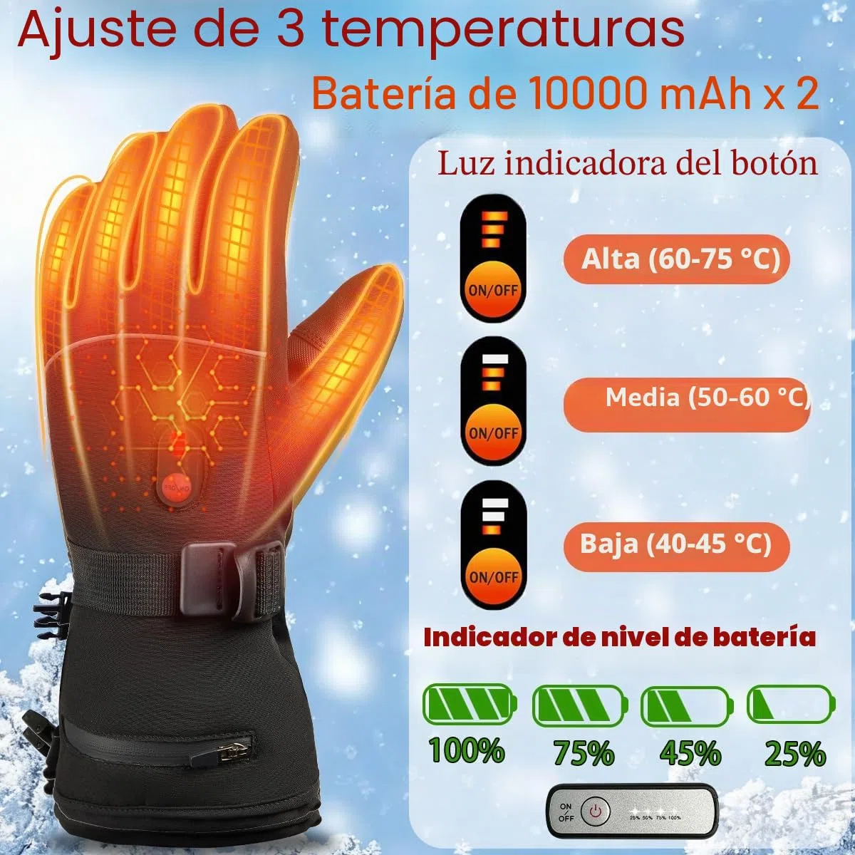Guantes Calefactables Eléctricos con Baterías 5000mAh*2, 3 Temperaturas Ajustables, Cálidos para Hombre y Mujer