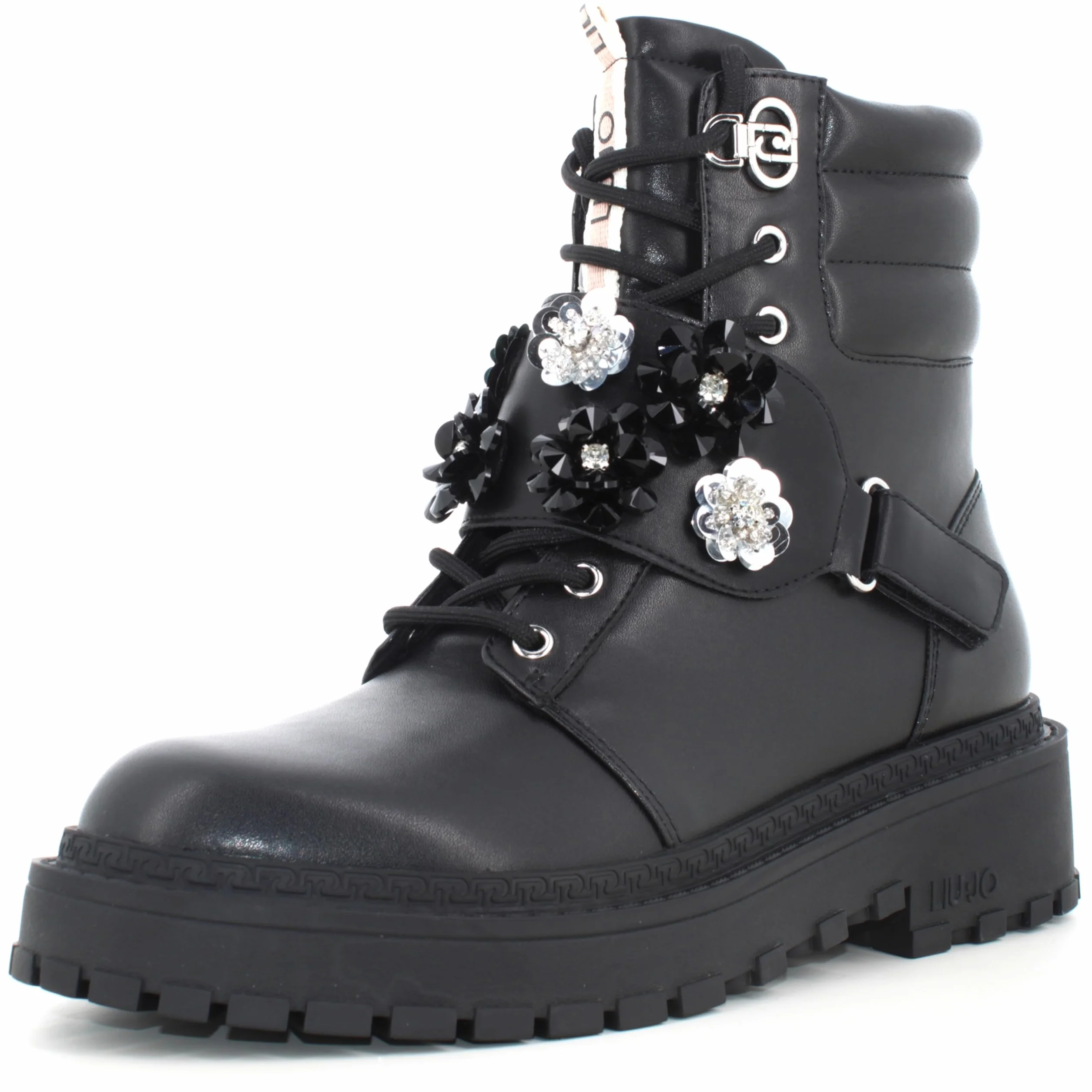 Liu Jo Botas Militares con Flores de Cristal, Negro, Cuero, Suela de Goma, Estilo Combat (Negro, Mediano, Sistema tallas calzado EU, Adulto, Números, mediano, 40)