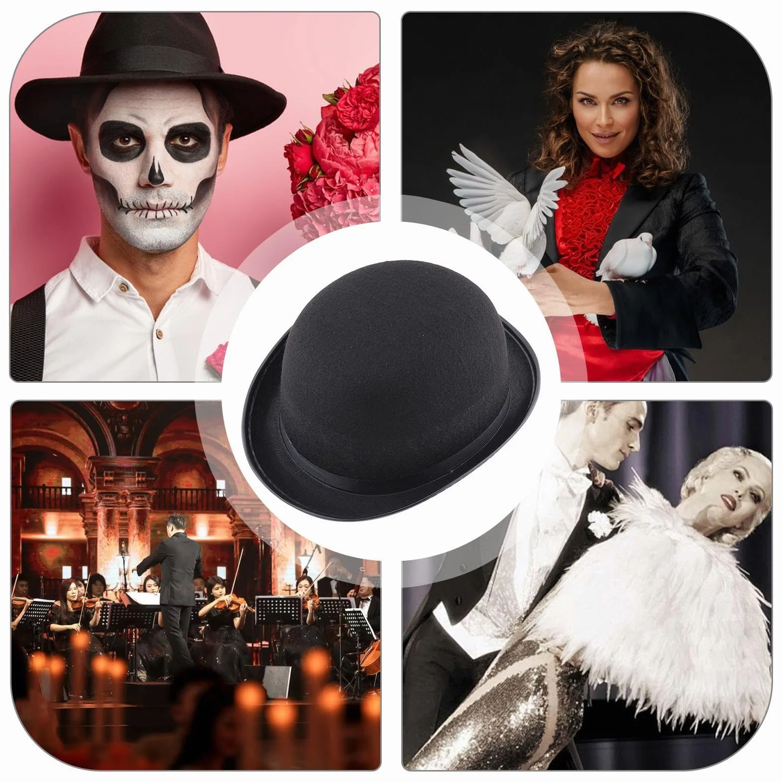 Genérico Sombrero de bombín negro - Sombrero Derby de bombín negro clásico, Accesorio de disfraz de Halloween de fieltro para adultos y adolescentes