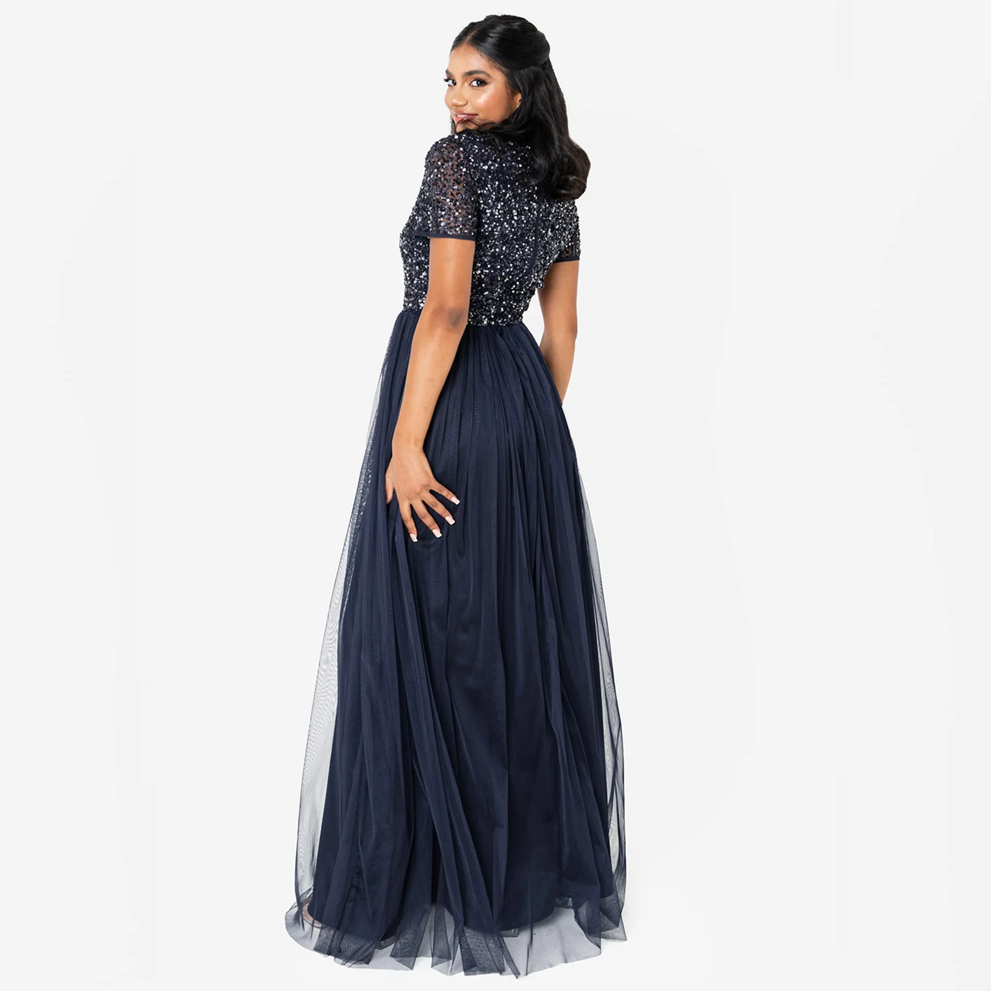 Maya Deluxe Women's Ladies Dress for Wedding Guest Plus Size Empire High Waist Sequins Short Sleeve Evening Bridesmaid