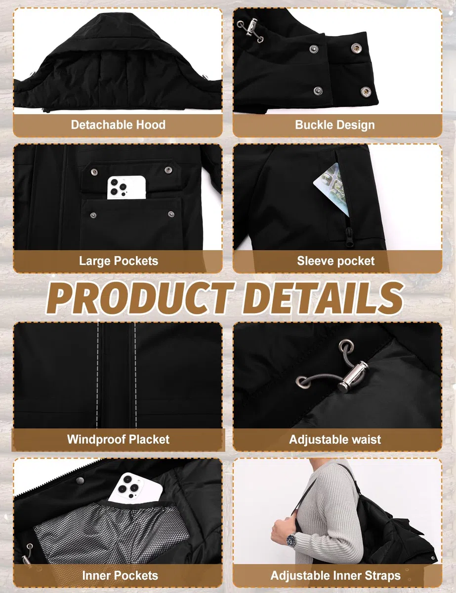 TOMEEK Chaqueta Hombre Invierno Abrigo Largo Hombre Cálido Acolchada con Capucha Cremallera Parka Casual Chaquetas Cazadora Viento Abrigos Coat Chaquetón con Bolsillos