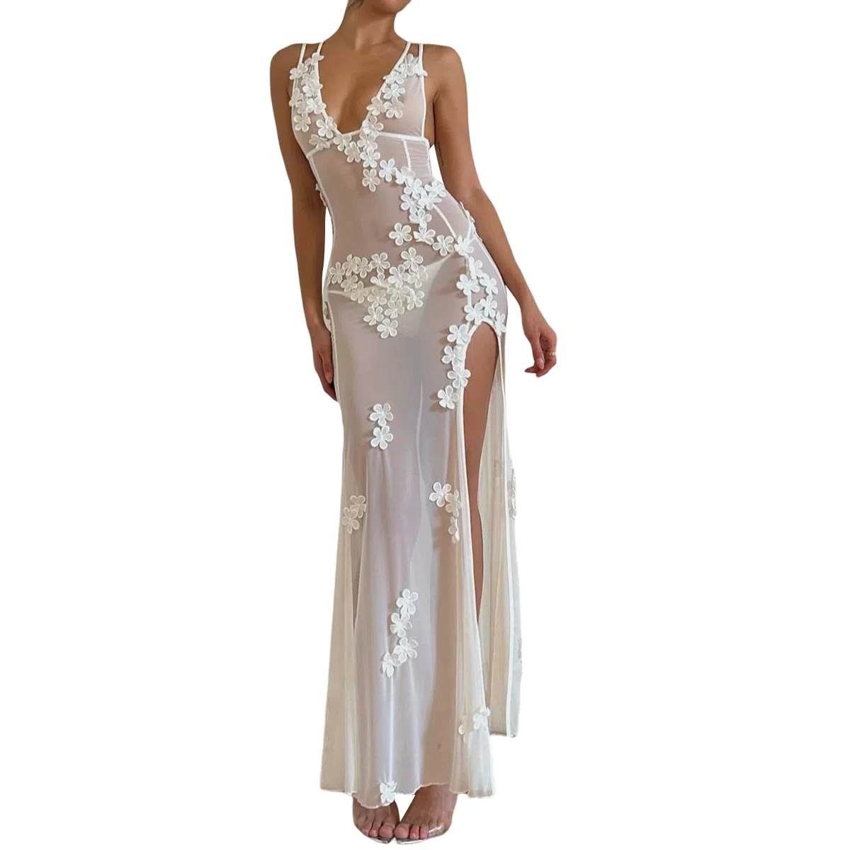Loalirando Vestido Maxi Largo Sexy Transparente Vestido de Escote con Flores