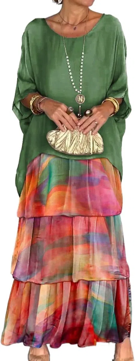 Vestido Largo de 2 Piezas de Gasa de Malla de Manga de murciélago y Cuello Redondo con Estampado Floral Bohemio, Vestido Largo con Top Suelto de Boda