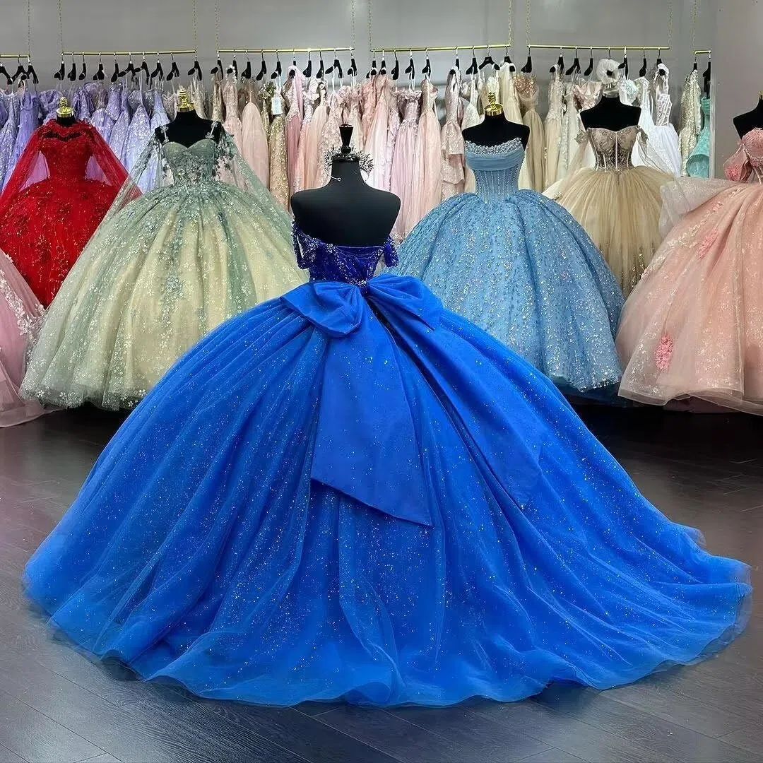 Vestidos de quinceañera con Hombros Descubiertos y Cuentas con Lazo, Vestidos de quinceañera Formales Largos para Fiesta de graduación MT034