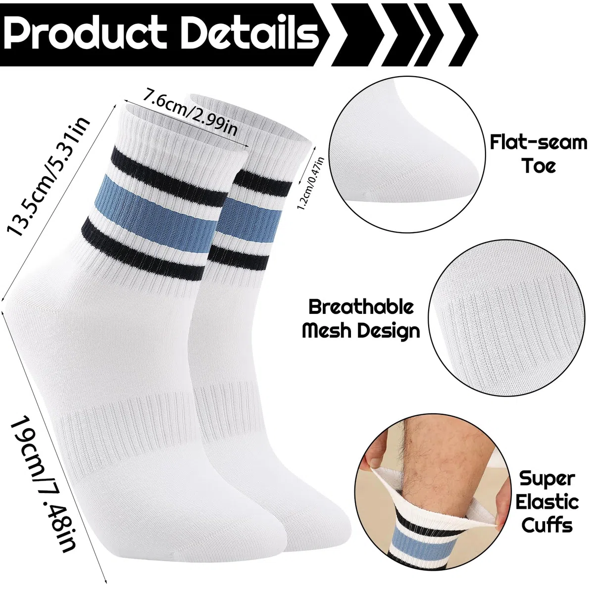 taonganui 6 pares de calcetines deportivos para mujer 38-43 calcetines de tenis calcetines largos de algodón blanco calcetines deportivos con rayas calcetines de tenis mujeres, Como se muestra en la