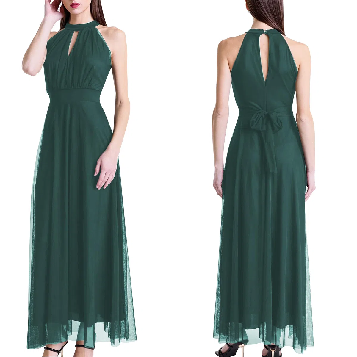 Vestido largo de ceremonia para mujer, de tul, con corte frontal y tirantes, fabricado en Italia