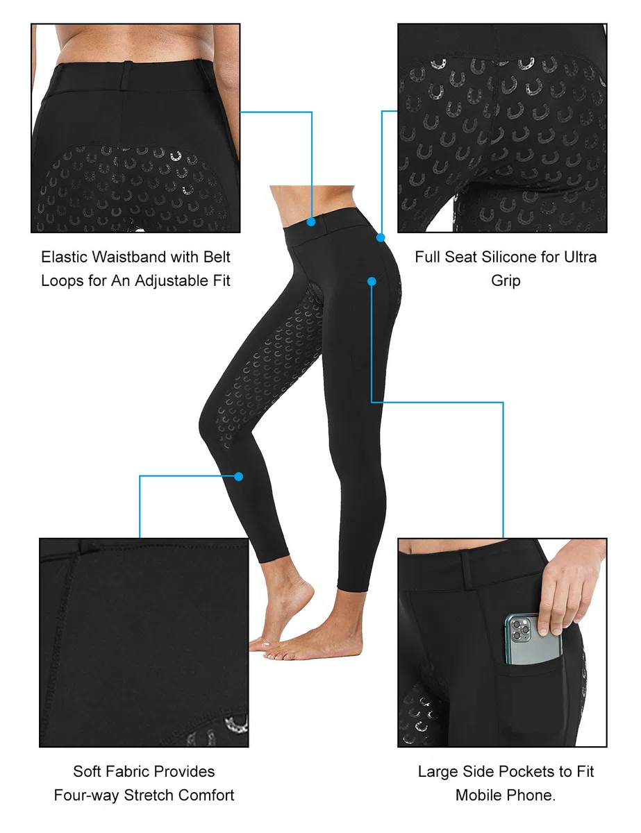 FitsT4 Sports Pantalones de Montar para Mujer Pantalones de Montar con Refuerzo Completo de Silicona, Bolsillo para el móvil y Trabillas para el cinturón