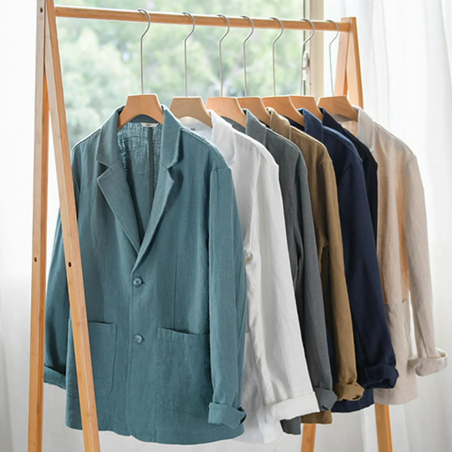 GIBZ Blazers de Lino para Primavera y Verano para Hombre Chaqueta de Traje Sencilla y Versátil con Solapa con Muescas Blazer Abrigo Deportivo de 2 Botones con Bolsillo
