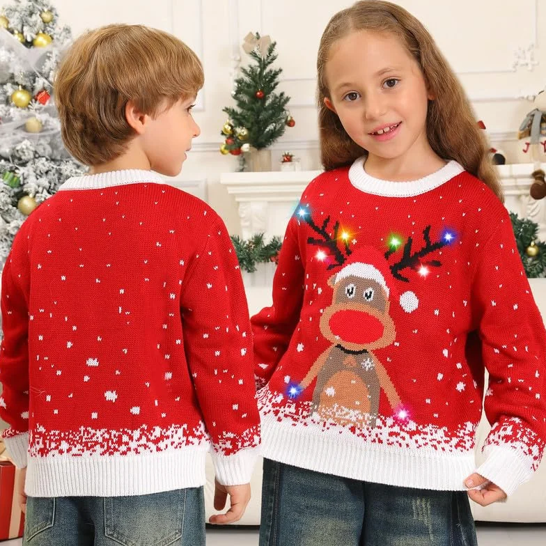 Kouric Jersey Navideño Niño con Luces,Jersey Navidad Niño/Niña con Estampado de Reno en la Nieve,Ugly Christmas Sweater,Jerseys Navideños con Luces,Suéter Navideño Gracioso,Christmas Jumper