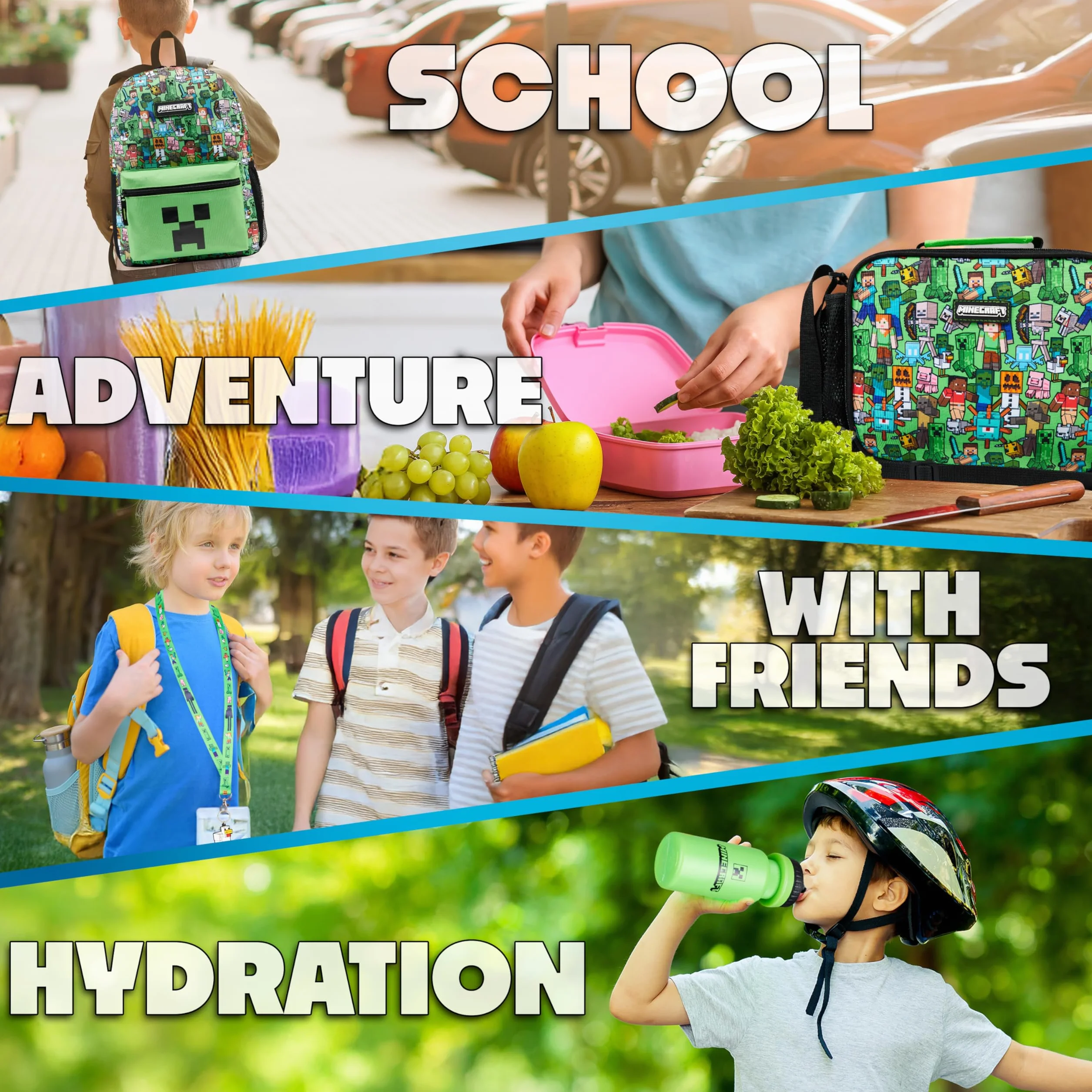 Minecraft Mochila Escolar Set de 5 Piezas Botella de Agua Bolsa Almuerzo Estuche Infantil Mochila Cuerdas o Llavero Correa con Cordón Material Escolar (Verde AOP)