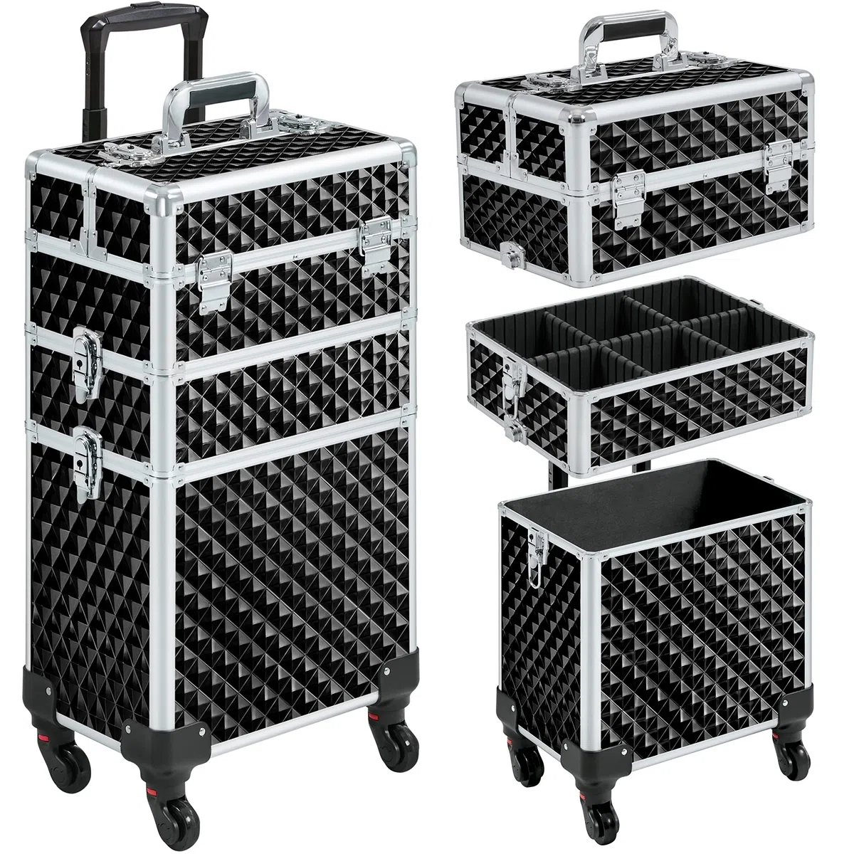 Yaheetech 3 en 1 Maleta de Maquillaje Meleta Portatil Organizador Estuche Cosméticos Superficie Bandeja para Viaje Trabajo Maleta con Ruedas Negro