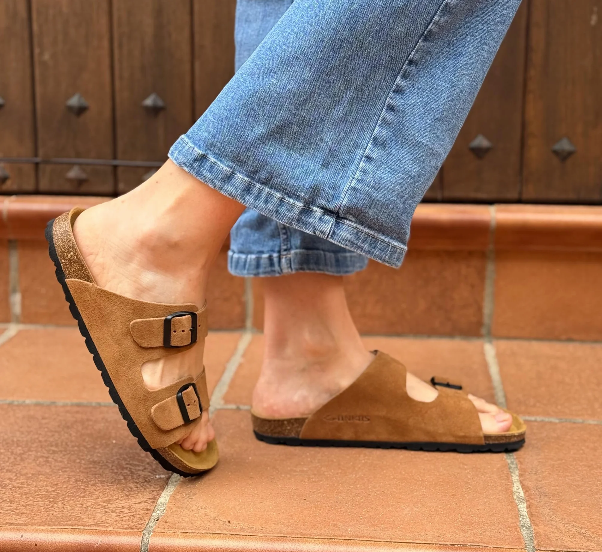 Sandalias de Piel con Hebillas, Piel Autentica, Corcho Natural, Hebillas ajustables al Pie, Sandalias Hombre/Mujer, Suela antideslizante EVA, Calzado de Calidad Hecho en España