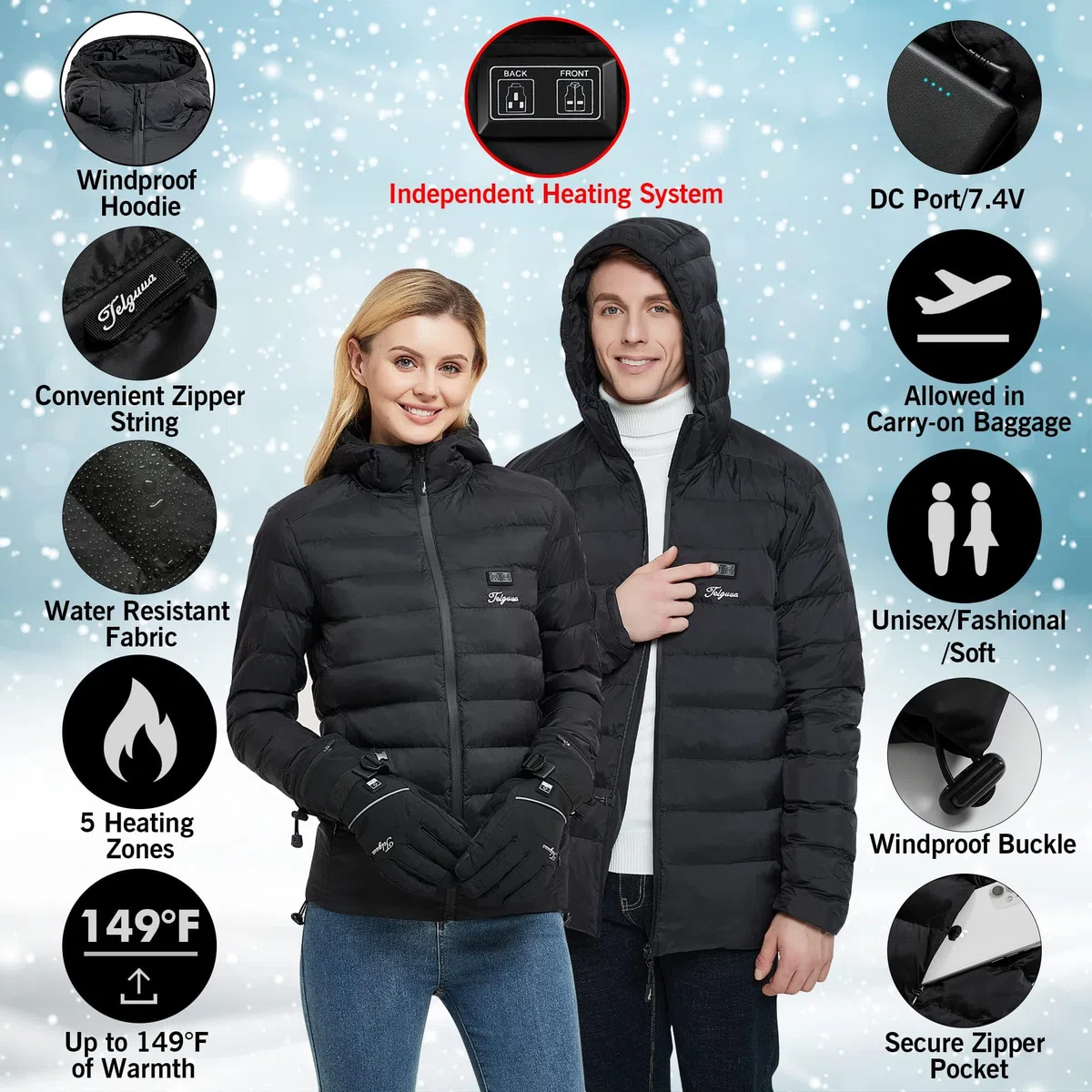 Chaqueta calefactable con banco de energía 14400 mAh térmica para mujer con capucha invierno