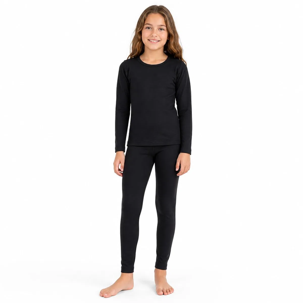 Conjunto de Ropa Interior Térmica para Niña Camiseta y Pantalón con Forro Polar, Pijama Cálido de Invierno, Capa Base Elástica Infantil (Negro, L)