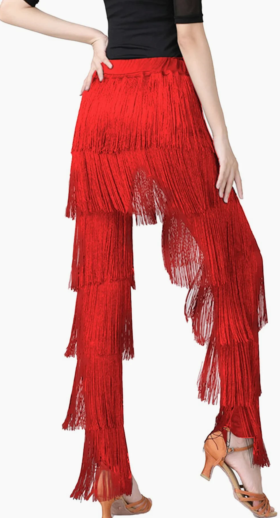 AIEOE Pantalones de Baile Latino para Mujer con Borla Elástica para Adulto Profesional con Flecos Rumba Tango Talla S-4XL