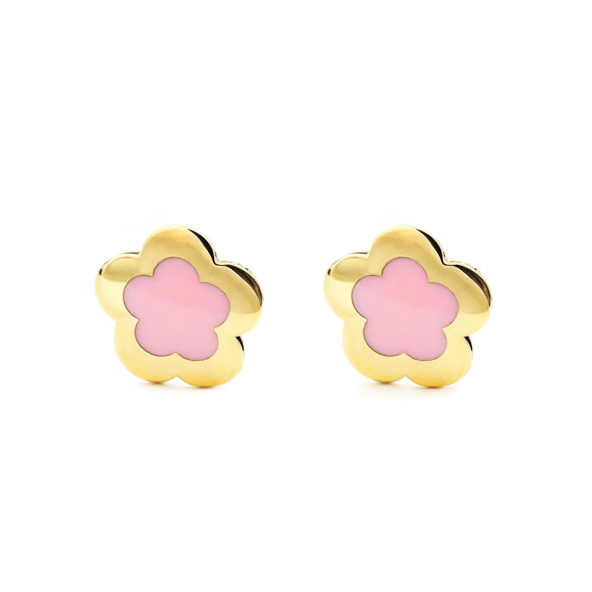Pendientes Oro Niña Margarita esmalte rosa (9kts) - Estuche Regalo - Certificado de Garantía - Mondepetit
