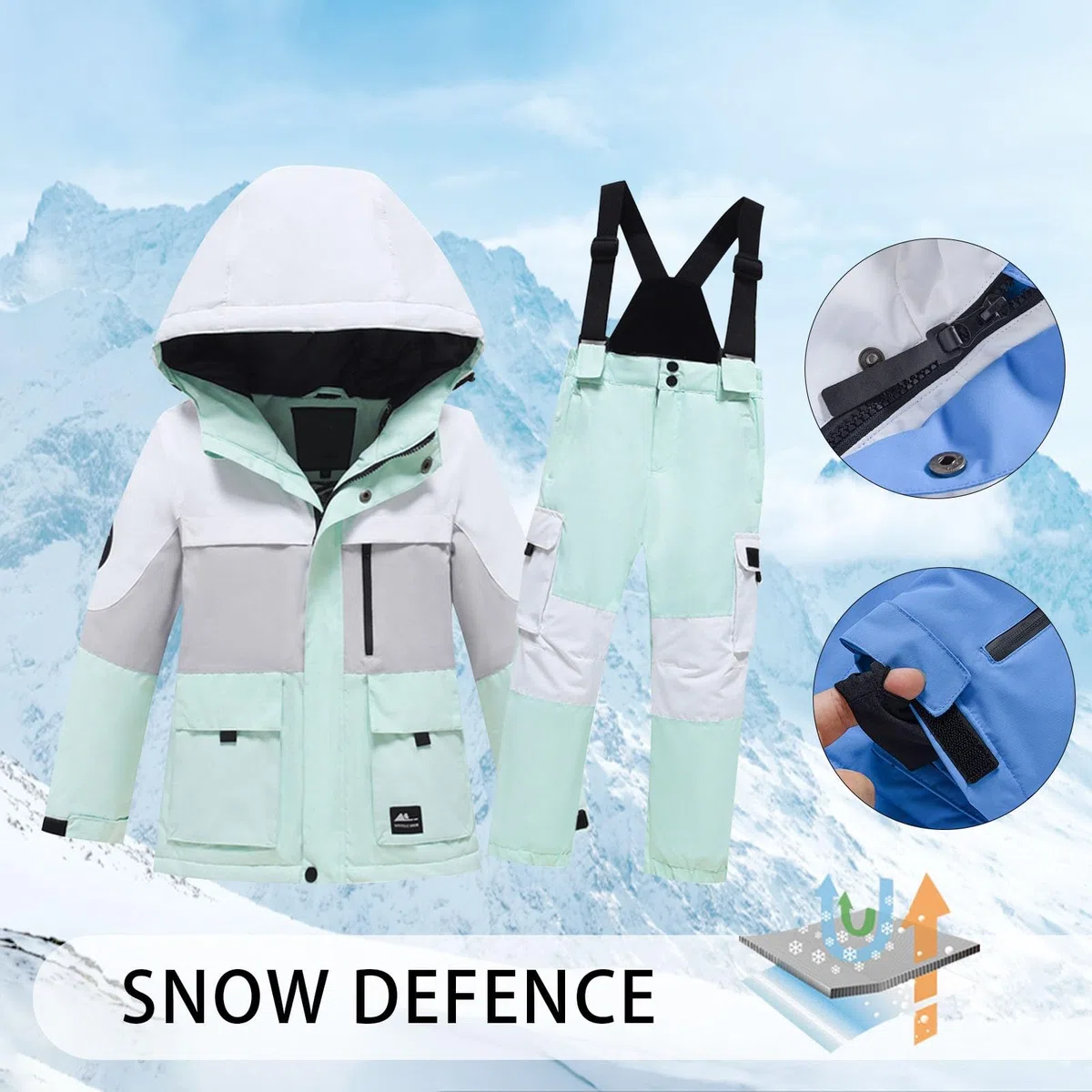 Traje de esquí para niños y niñas, estampado de manga larga, terciopelo grueso, cálido, resistente al viento y al agua, parte superior y pantalón, traje de 2 piezas para correr