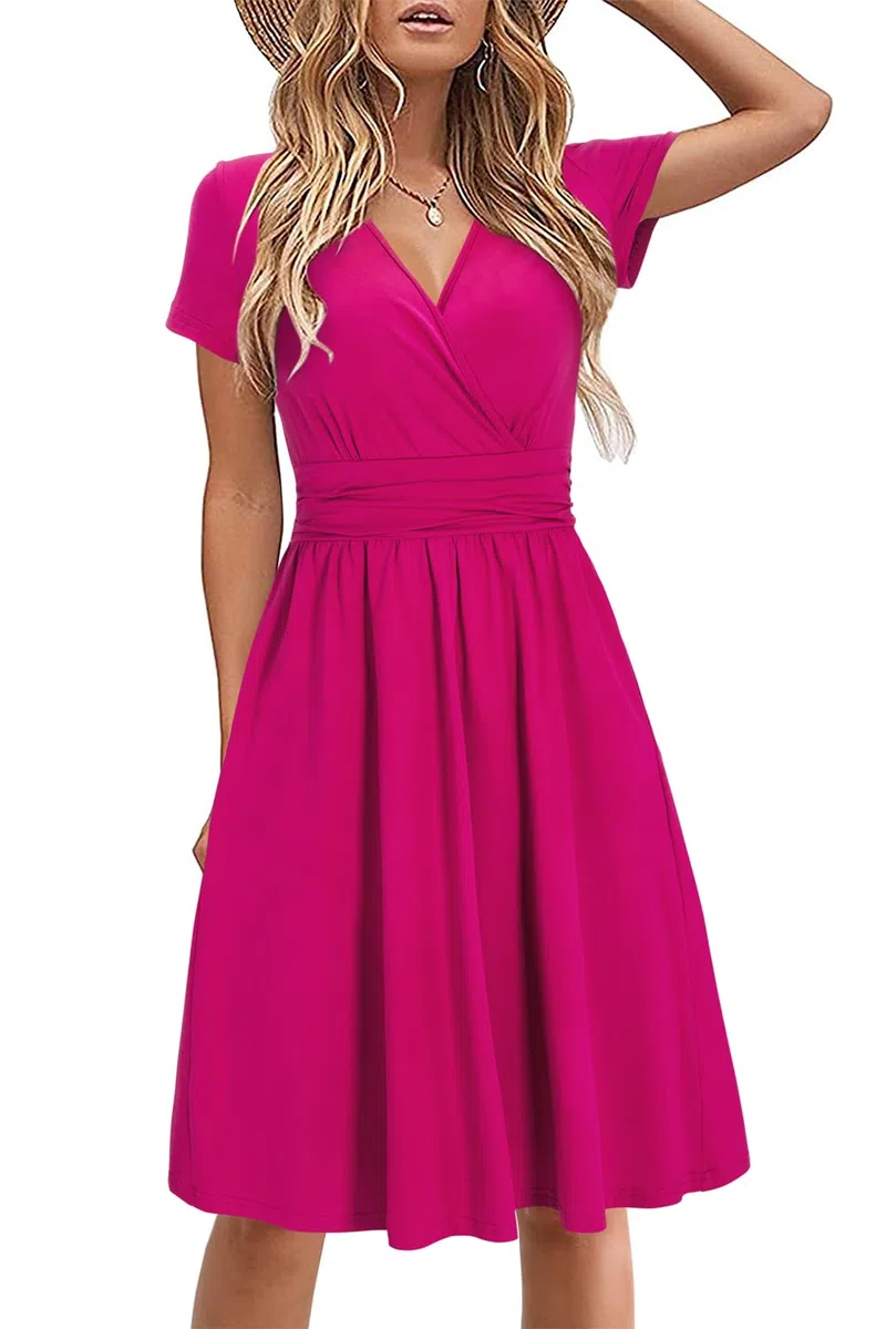 STYLEWORD Vestido Verano Mujer Vestidos Florales de Manga Corta hasta la Rodilla con Bolsillos