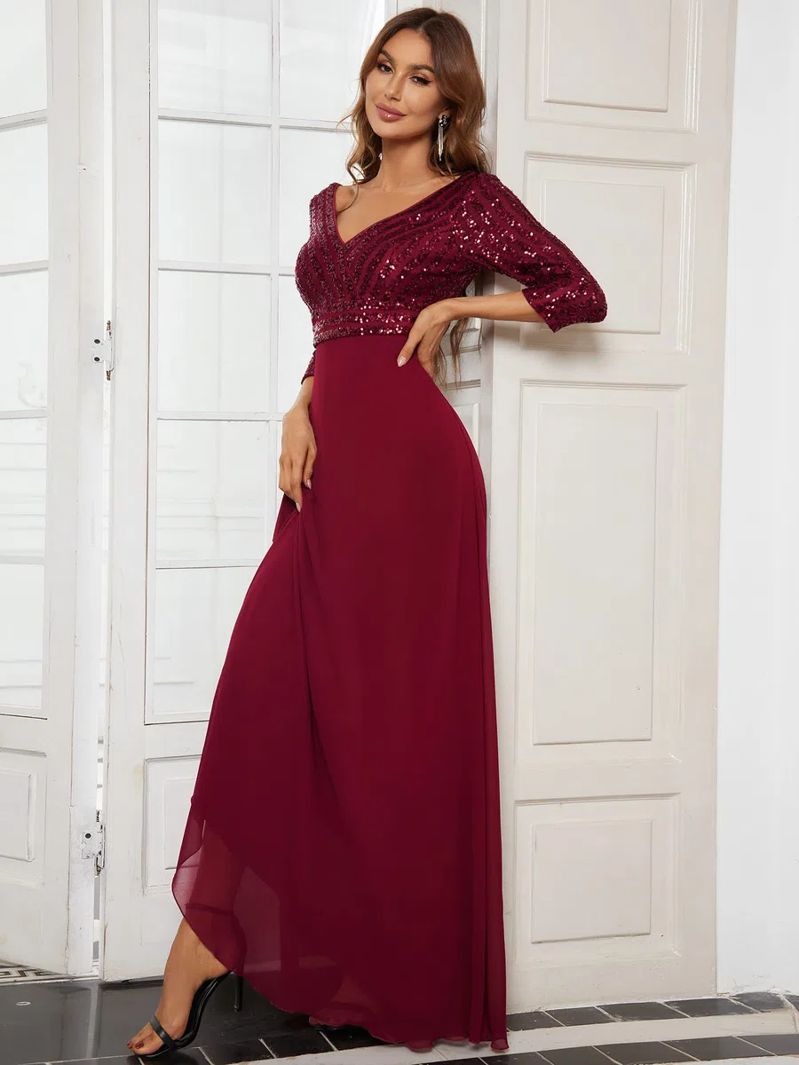 Ever-Pretty Vestido de Fiesta Lentejuelas Manga Larga Mujer A-línea Escote en V Imperio Elegant 00751