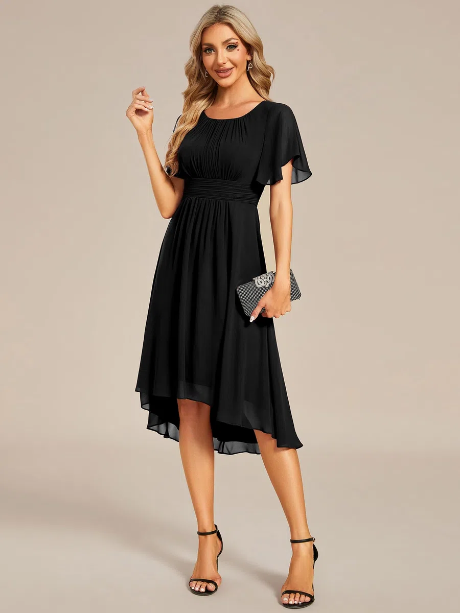 Ever-Pretty Vestido de gasa para mujer, cuello redondo, cintura plisada, manga corta, invitada de boda 02053