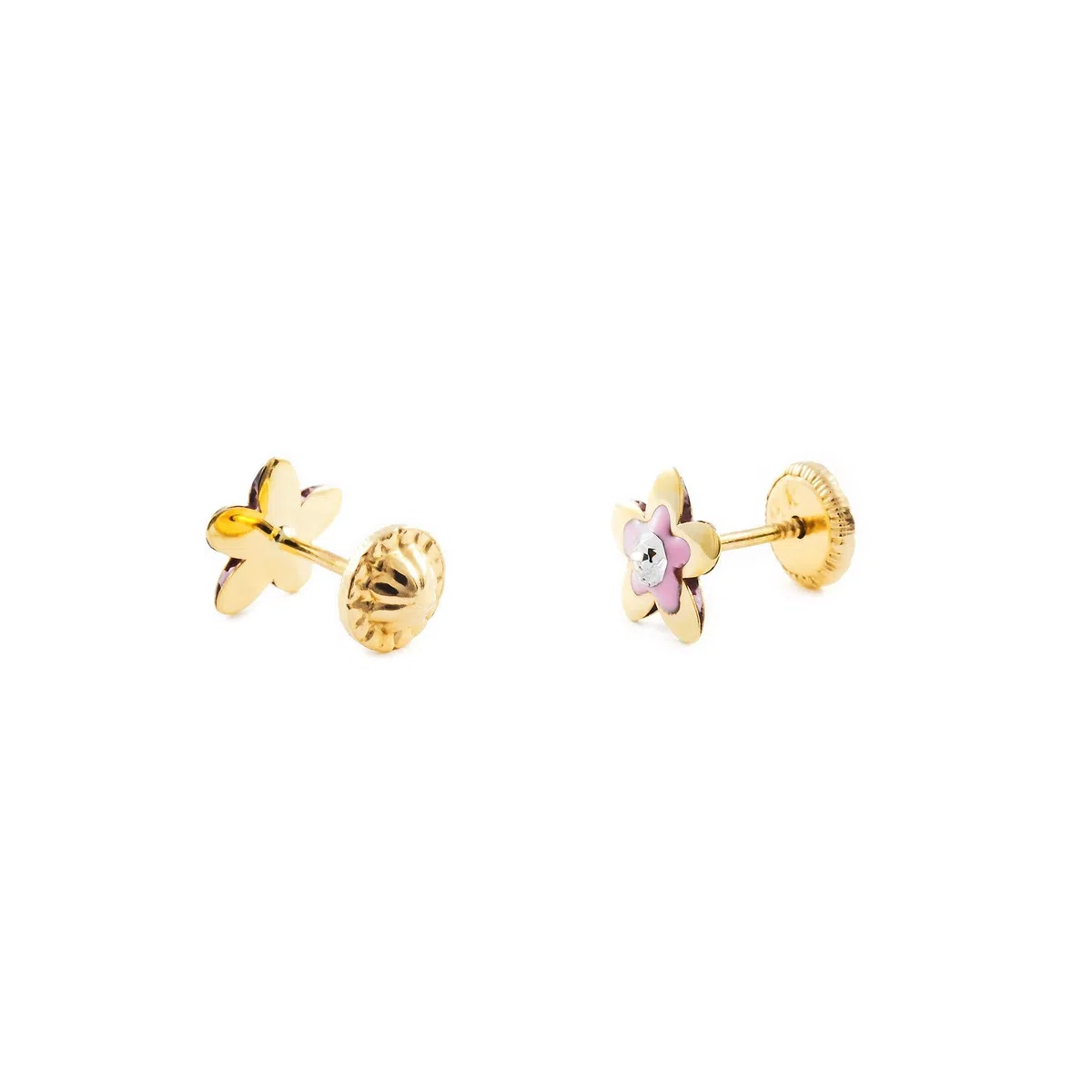 Pendientes Oro Niña flor esmalte rosa y circon (9kts) - Estuche Regalo - Certificado de Garantía - Mondepetit