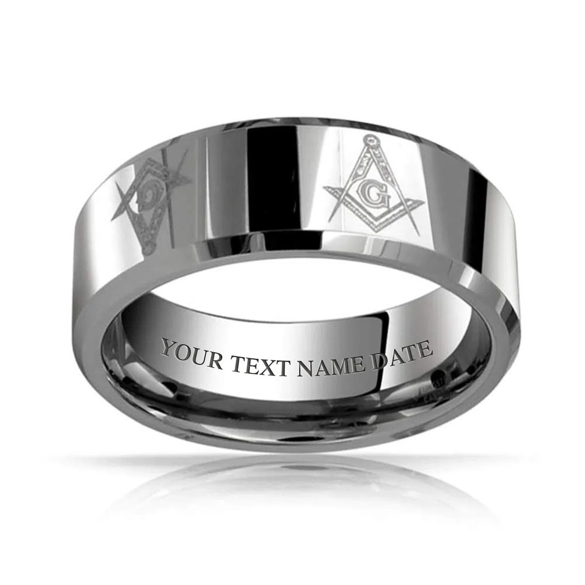 Bling Jewelry Anillo de Boda Masónico de Compás y Escuadra para Hombres de Titanio, Tono Plateado Pulido, Ajuste Cómodo, 8MM