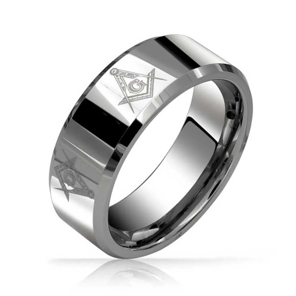 Bling Jewelry Anillo de Boda Masónico de Compás y Escuadra para Hombres de Titanio, Tono Plateado Pulido, Ajuste Cómodo, 8MM