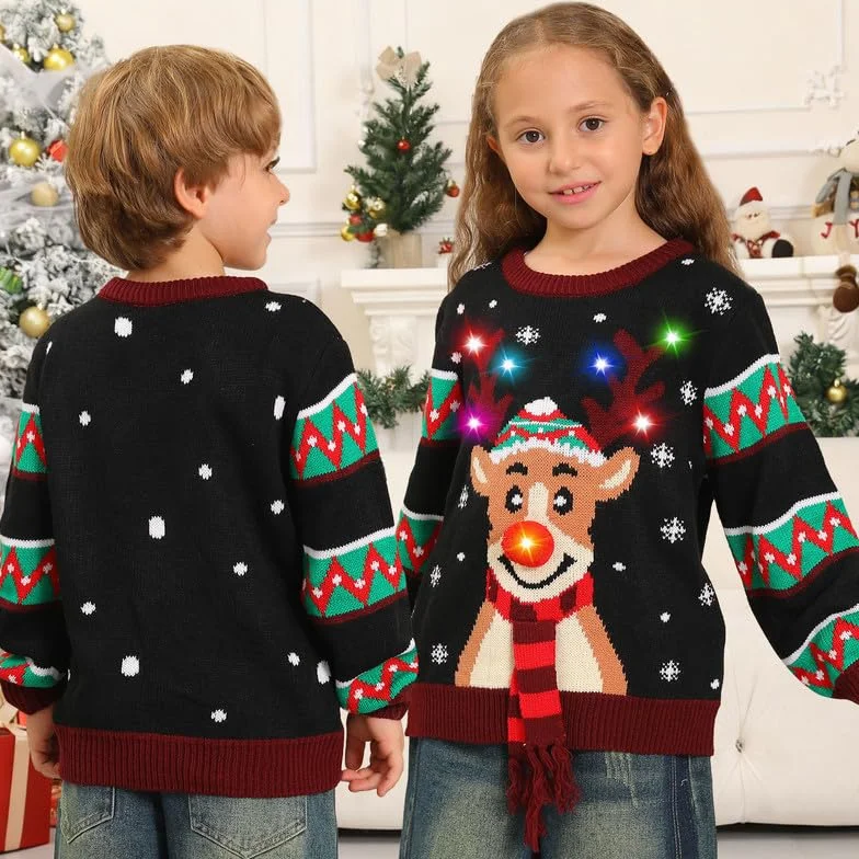 Kouric Jersey Navideño Niño con Luces,Jersey Navidad Niño/Niña con Estampado de Reno en la Nieve,Ugly Christmas Sweater,Jerseys Navideños con Luces,Suéter Navideño Gracioso,Christmas Jumper