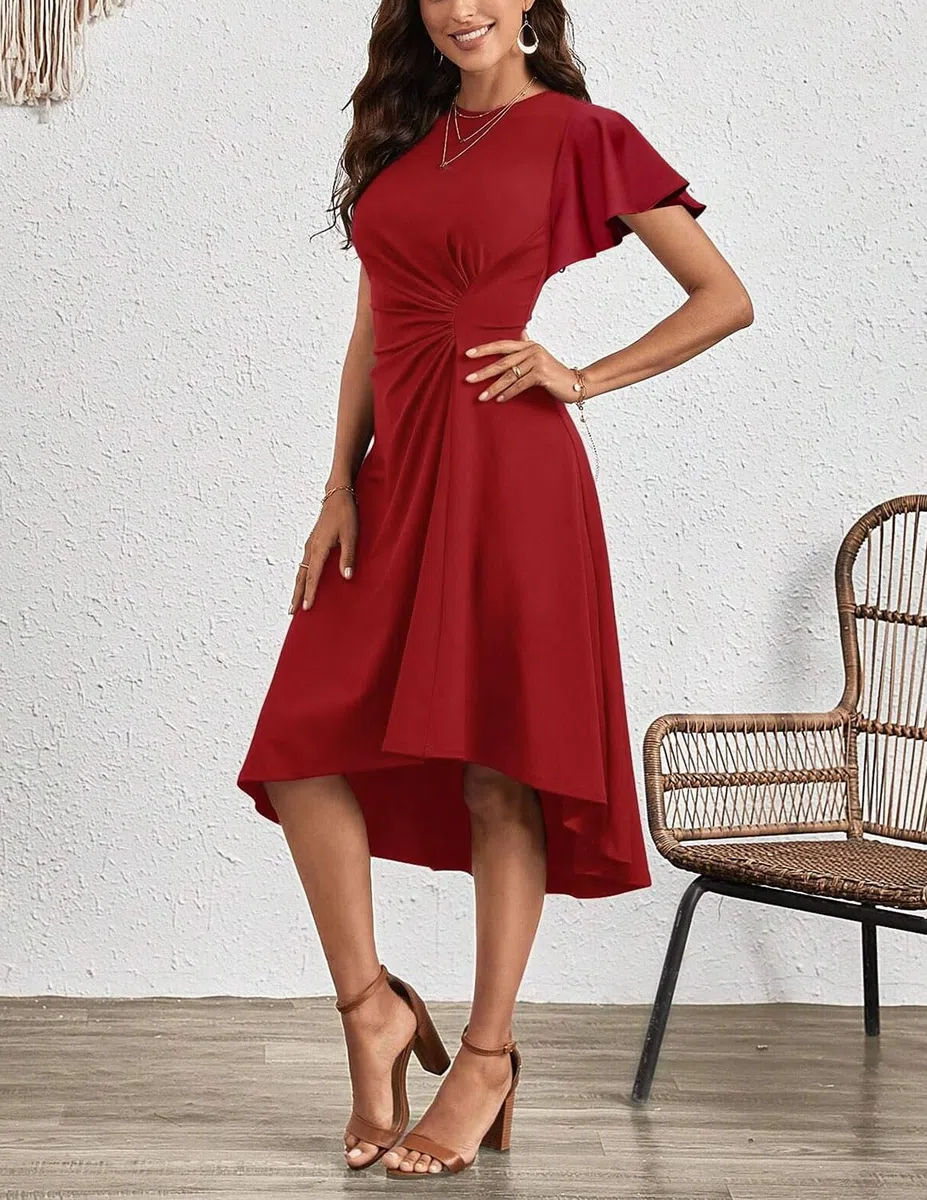 Vestido Mujer Elegante Verano Manga Corta Pliegue en la Cintura Vestido A-línea Coctel Vestidos de Boda Invitada