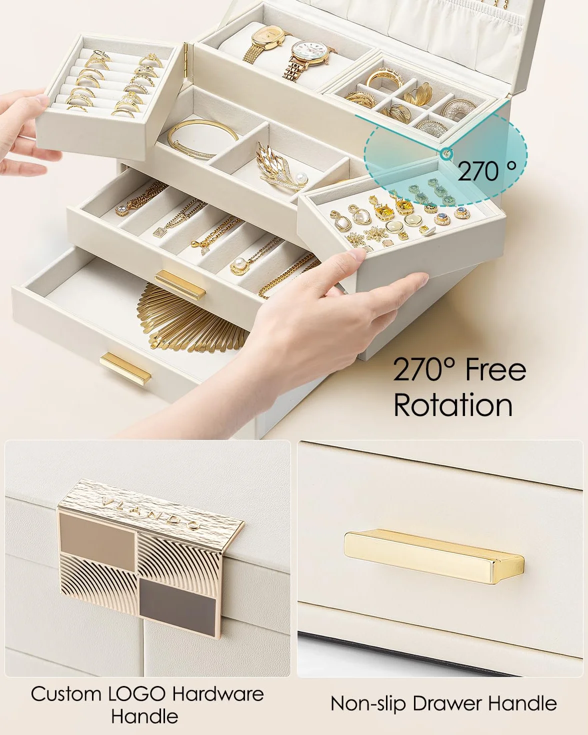 Vlando Joyero grande para mujer, almacenamiento de joyas con 2 cajones, bandeja organizador de joyas con cajón para collares, anillos, pulseras, pendientes, madres y niñas, beige