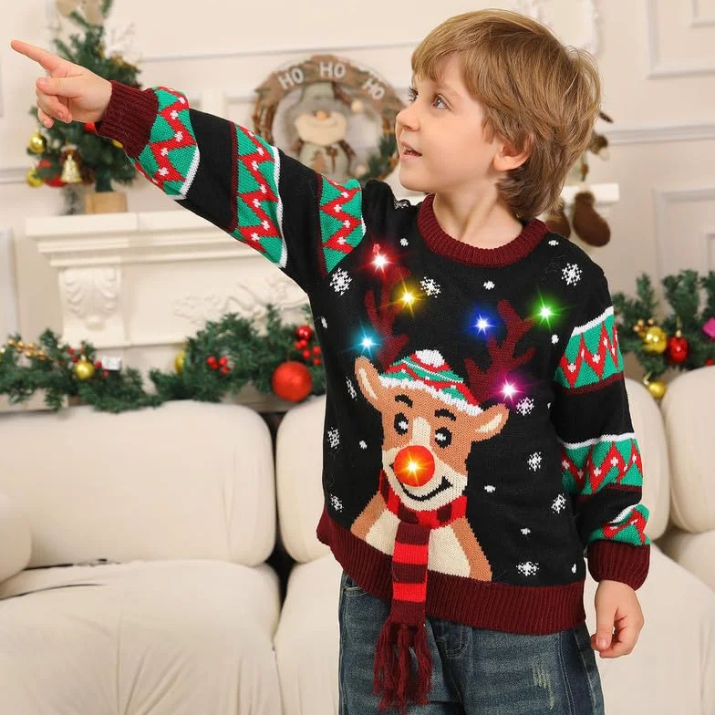 Kouric Jersey Navideño Niño con Luces,Jersey Navidad Niño/Niña con Estampado de Reno en la Nieve,Ugly Christmas Sweater,Jerseys Navideños con Luces,Suéter Navideño Gracioso,Christmas Jumper