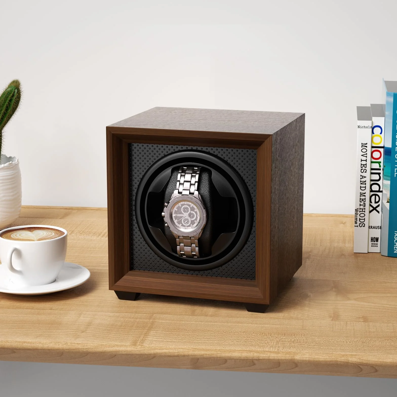 Newaner Caja para Dar Cuerda a Relojes mecánicos, automatico con Motor silencioso, 2 Ajuste Modos, Cuadrada y Color Nuez, con Puerto de Carga USB y Espuma viscoelástica