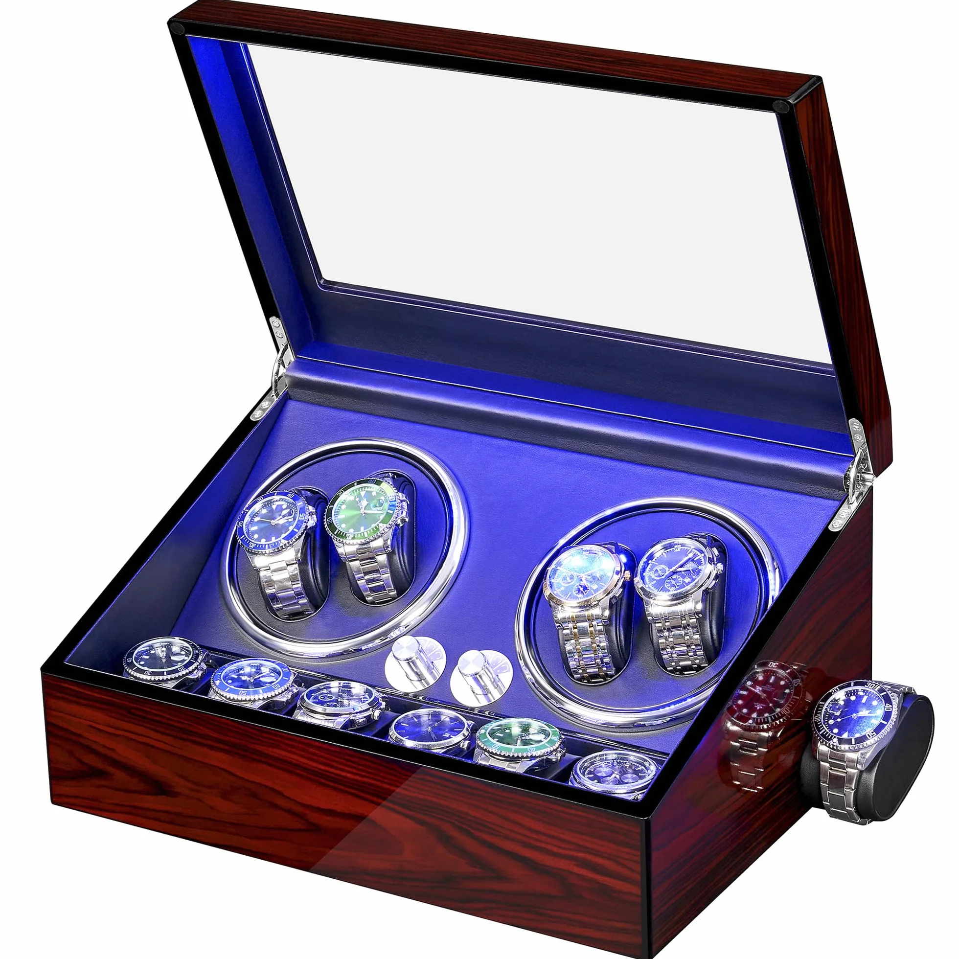 ANWBROAD Caja giratoria para relojes automáticos, 4 relojes+6 ranuras de memoria adicionales, 4 modos de giro con Mabuchi supersilencioso, lujoso, automático, cargador USB, JWW002R