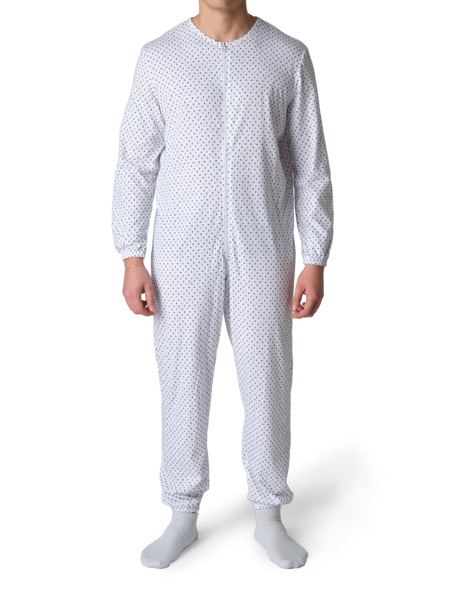Pijama sanitario para personas mayores de algodón con cremallera en la parte delantera hasta la parte trasera - Mono para personas mayores con Alzheimer o incontinencia Made Italy