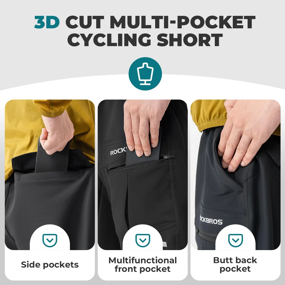 ROCKBROS Pantalones Cortos de Ciclismo para Hombre, Culotte Ciclismo Desmontable Transpirable Multifuncional Verano con Bolsillos 4D Acolchado para MTB, M-4XL