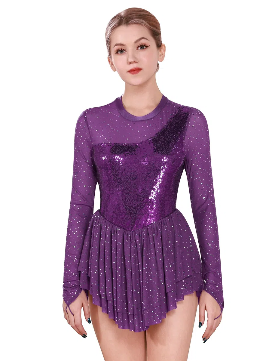 Vestido de patinaje artístico para mujer, lentejuelas, manga larga, ballet, gimnasia, tallas XS-XL