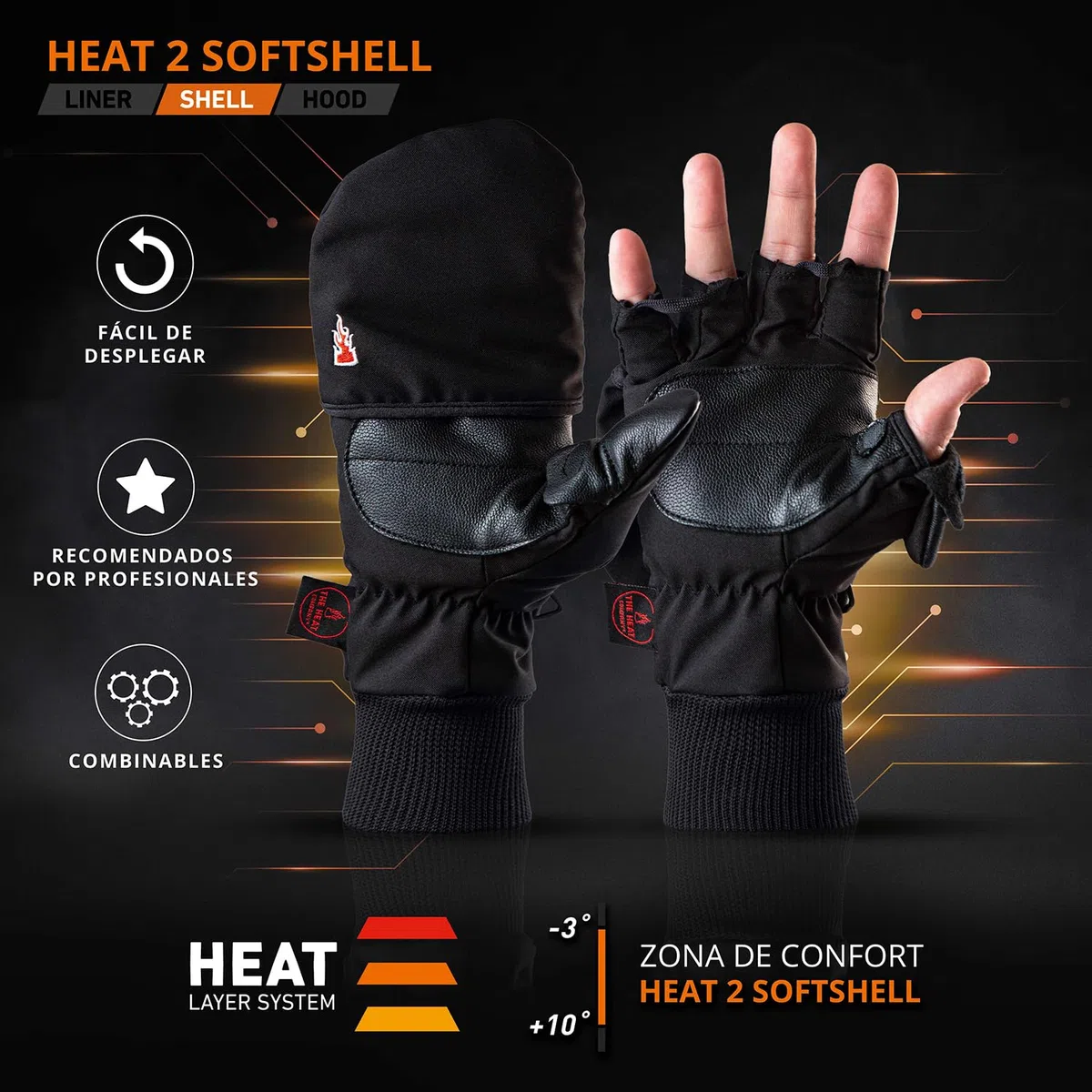 THE HEAT COMPANY - Heat 2 Softshell - Guantes sin Dedos y manopla en uno para Pantallas táctiles Guante cálido de Invierno - contra el frío en el Deporte y Trabajo - Unisex