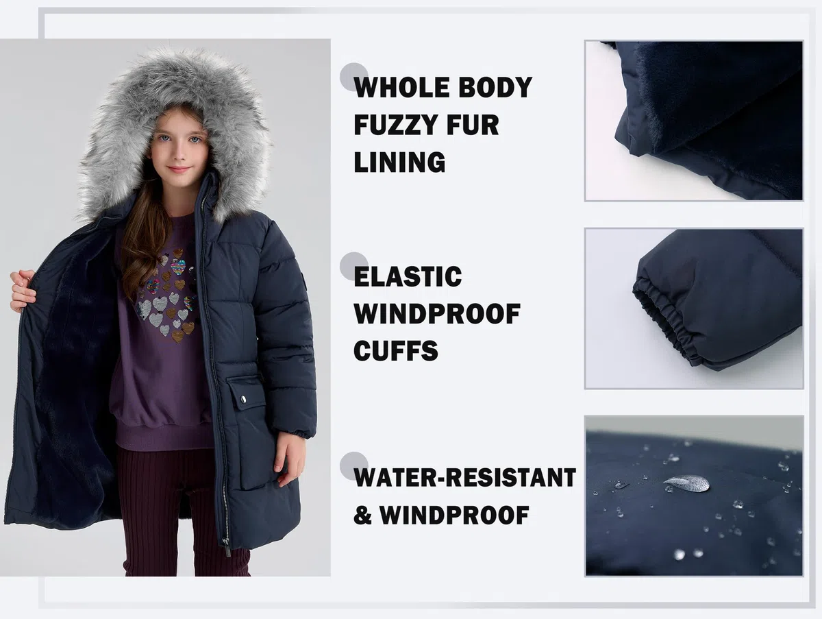 maoo garden Abrigo de Invierno Acolchado para Niñas Parka de Nieve de Plumón de Imitación de Peso Pesado Chaqueta Resistente al Agua de Piel Borrosa