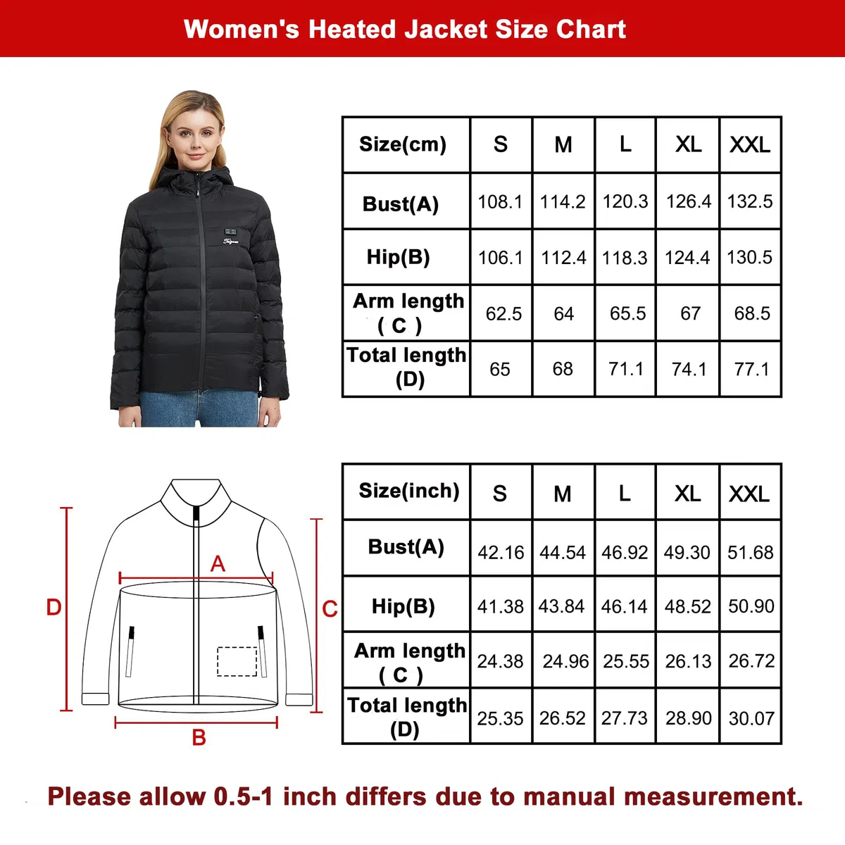 Chaqueta calefactable con banco de energía 14400 mAh térmica para mujer con capucha invierno