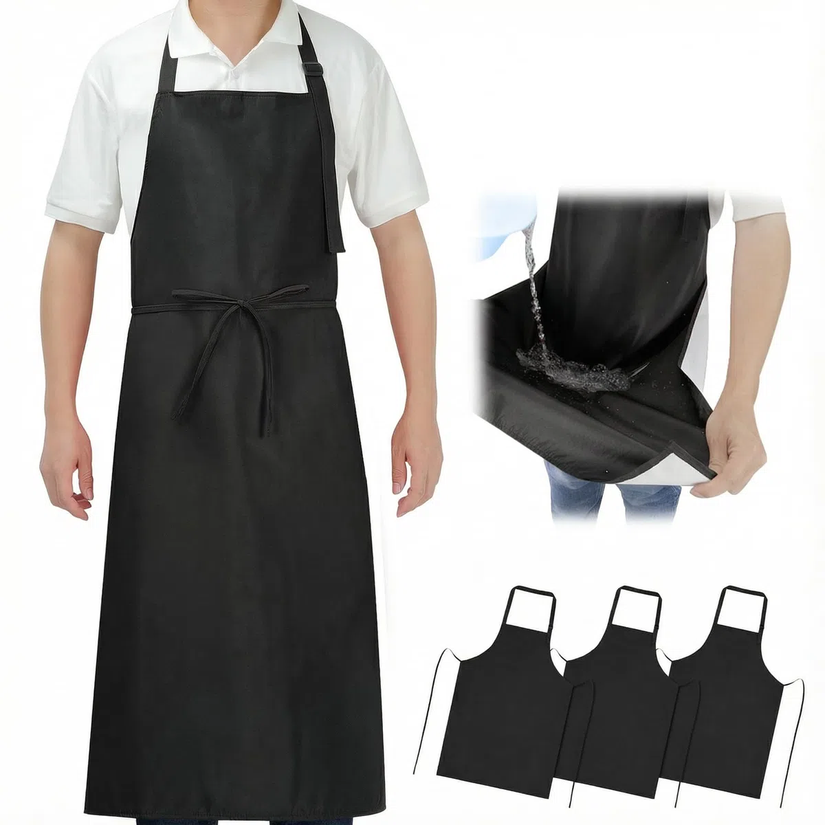 SHEOMERN Delantal de tela impermeable doble, 3 unidades, antidesgarros, ligero, para lavavajillas, cintura larga, ajustable, delantal con babero