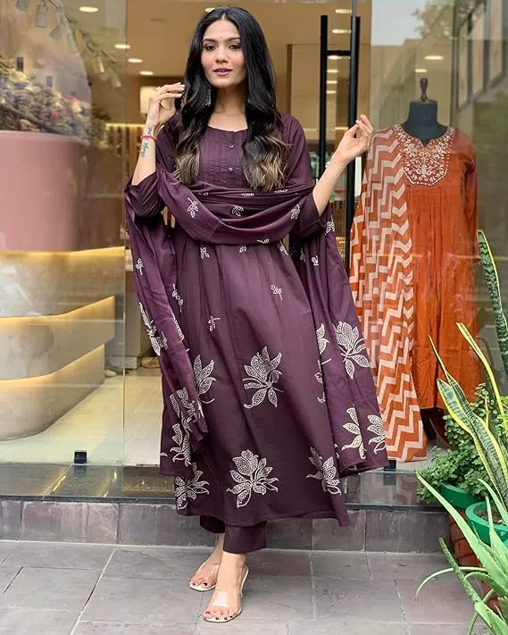 Kurta estampada Anarkali de viscosa de rayón para mujer con pantalón y dupatta