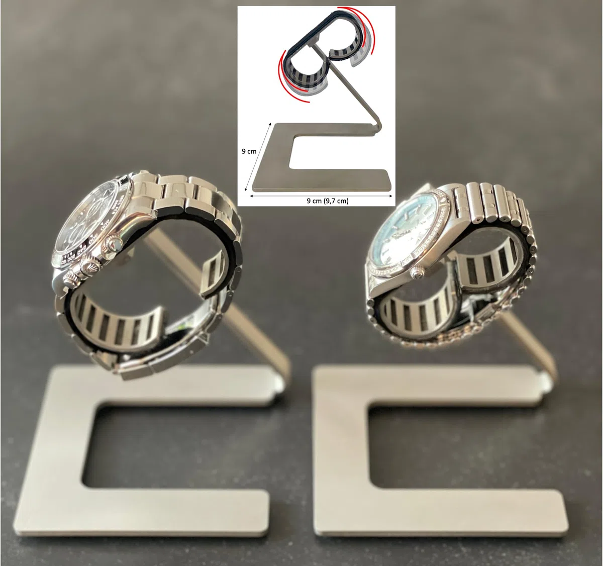 UNO – Soporte para relojes de acero inoxidable | Ajustable, minimalista y elegante | Base de exhibición con cojín de cuero genuino