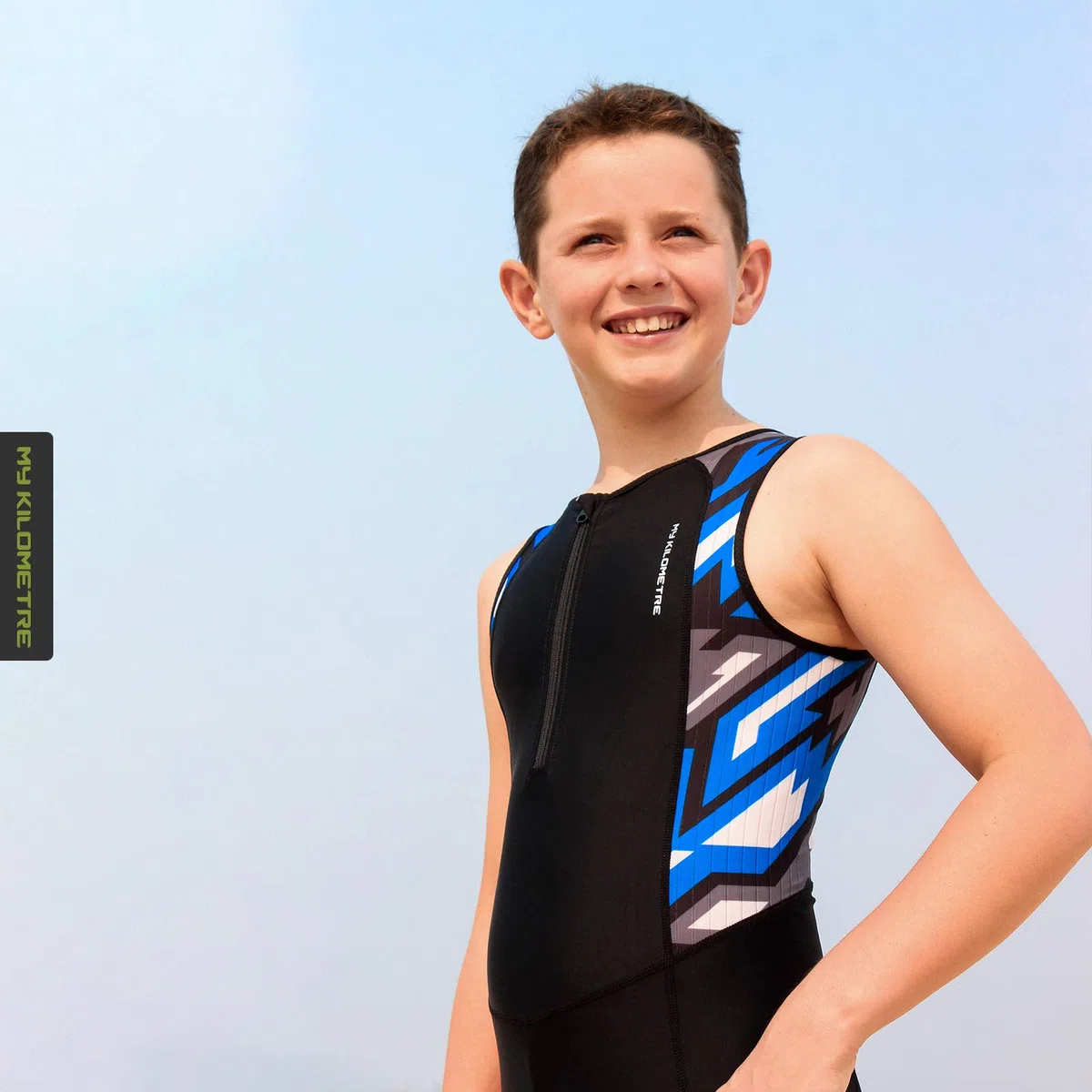 MY KILOMETRE Traje de Triatlón para Niños Sin Mangas - Trisuit Transpirable y de Secado Rápido con Bolsillo Trasero para Competición y Entrenamiento UPF 50+