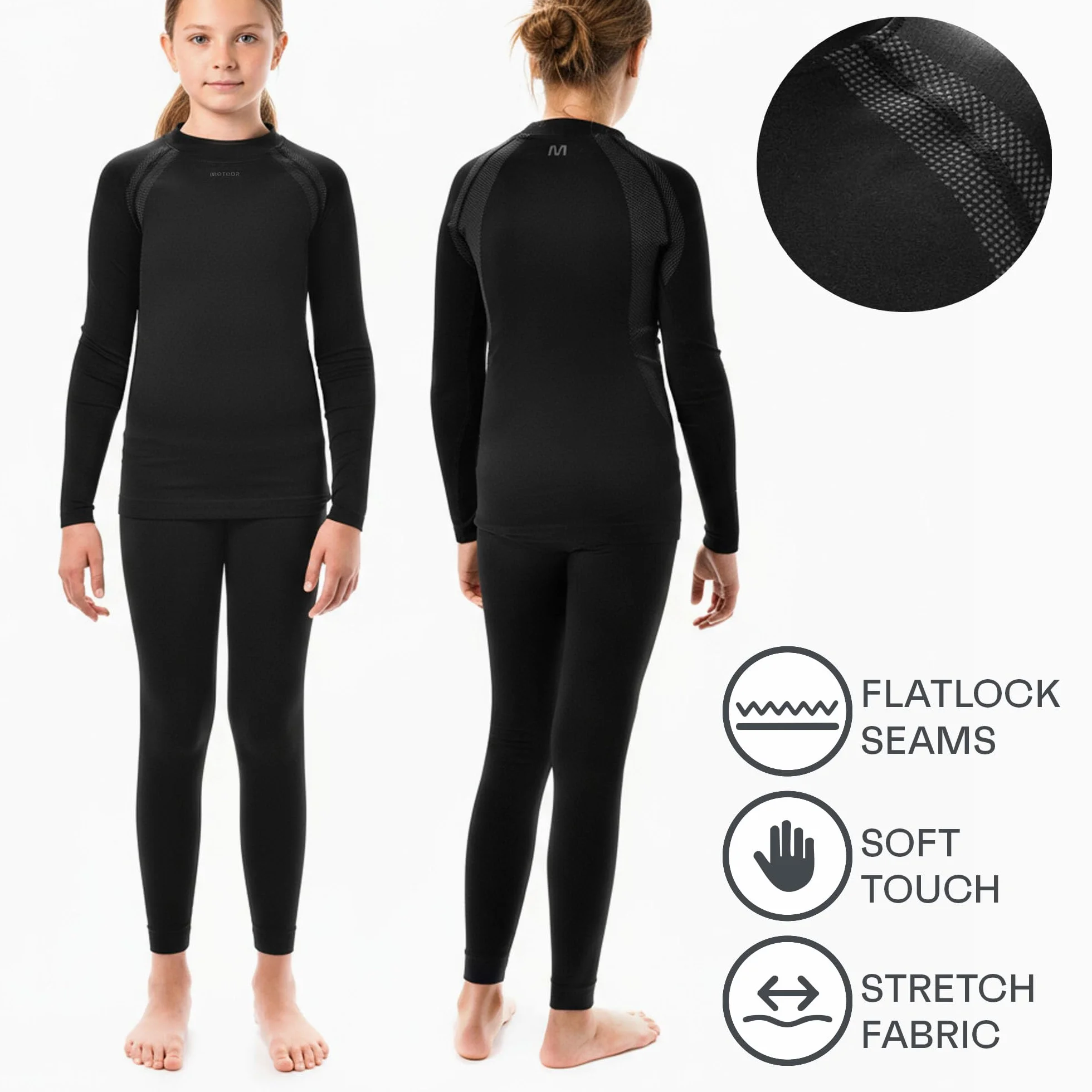meteor Conjunto Ropa Interior Térmica para Niños - Camiseta de Manga Larga y Pantalón - Set Infantil Elástico para Esquí Snowboard Acampada y Senderismo para Niño y Niña